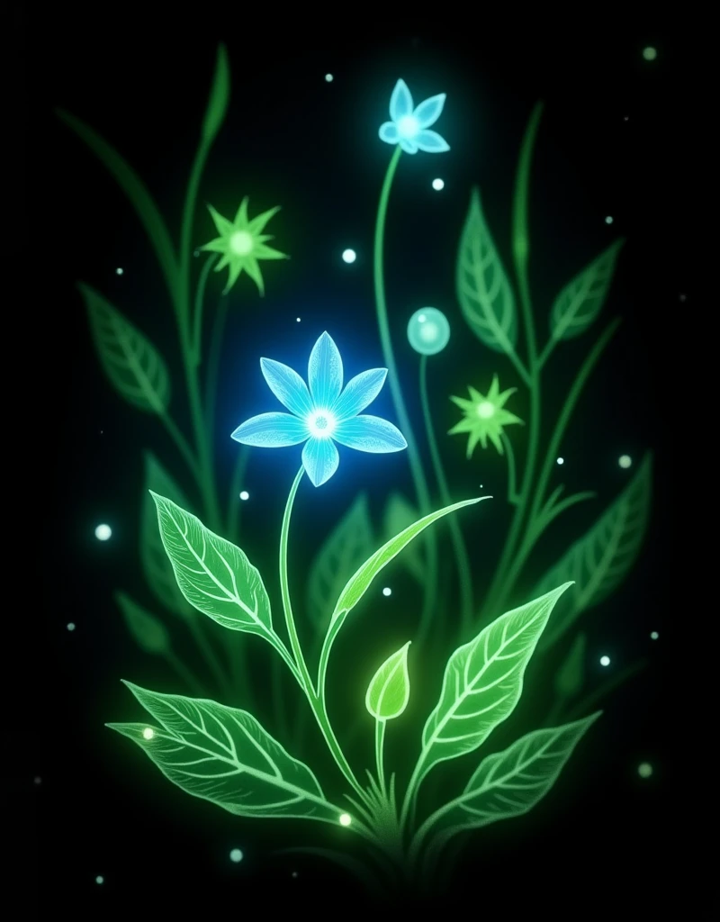 A minimalistic illustration featuring various glowing green neon leaves and flowers. The composition excludes any human figure, focusing entirely on a botanical theme. The leaves are semi-transparent with delicate veins and soft gradients, creating an ethereal and luminous effect. At the center of the image, a single blue flower glows brightly, drawing attention amidst the green elements. The background is solid black, enhancing the neon-like glow and serene atmosphere. The artwork uses a watercolor effect combined with soft digital airbrushing, emphasizing an airy, soothing visual with a harmonious balance of light and shadow.