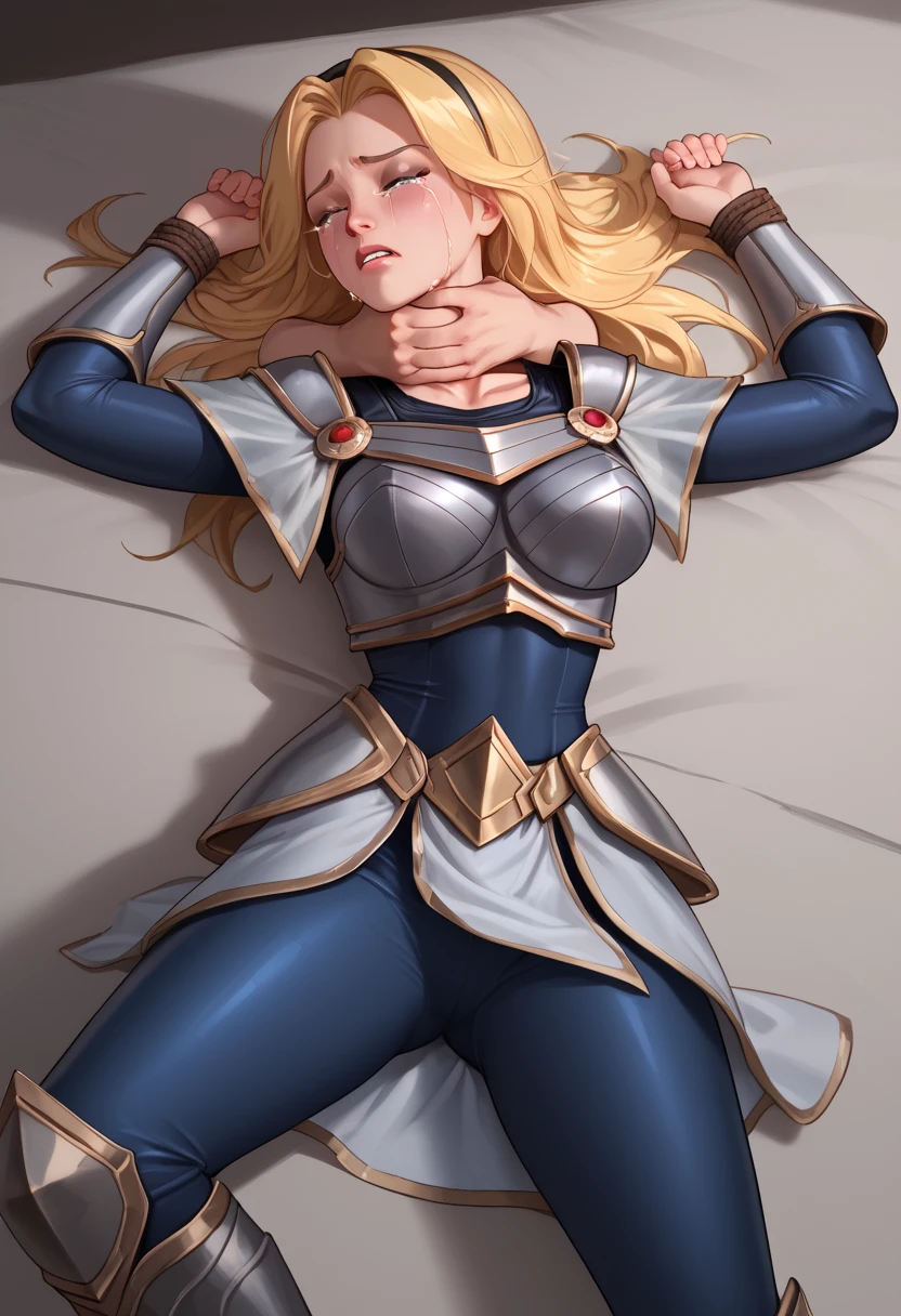 score_9, score_8_up, score_7_up, score_6_up, score_5_up, score_4_up, LuxLoLXL, blue eyes, blonde hair, long hair, black hairband, medium breasts, collarbone, shoulder armor, armor, blue bodysuit, breastplate, long sleeves, faulds, skirt, blue pants, armored boots, ((((big breasts)))), alone full body, knee high boots ,eyes closed, fainted, blows in the face,(((bruises))), ((((hands tied)))), lying down,(((tears))), (((crying))), looking to the side, head to the side,hands on head,(((Choking)))
