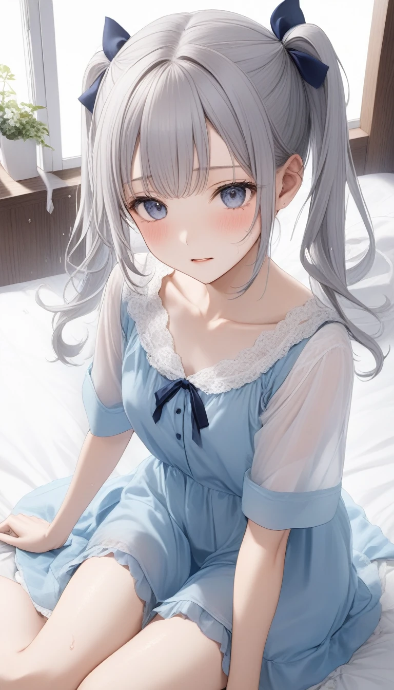 one,((Open maid uniform))、(She is wearing low rise panties as a setting.)、(White hair color、Light blue-silver inner color hairstyle、Texture like after a bath), Beautiful Hair, Facial Contour, Remember, Hotel, moonlight、splash, Lens flare,, Natural Color, High resolution, Very delicate, Very detailed, 8k,、Shyness,((Sexual))、Lying in bed、Shy smile、Shy gesture、Top view angle