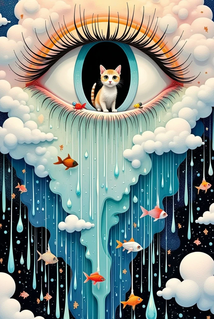   A surreal abstract painting ，One Eye，There is a door in the eye ,   a kitten living inside the door ,    Pearl tears flowing down  ,  Tears waterfall  , fish,  fantastic illustration , Layered clouds 