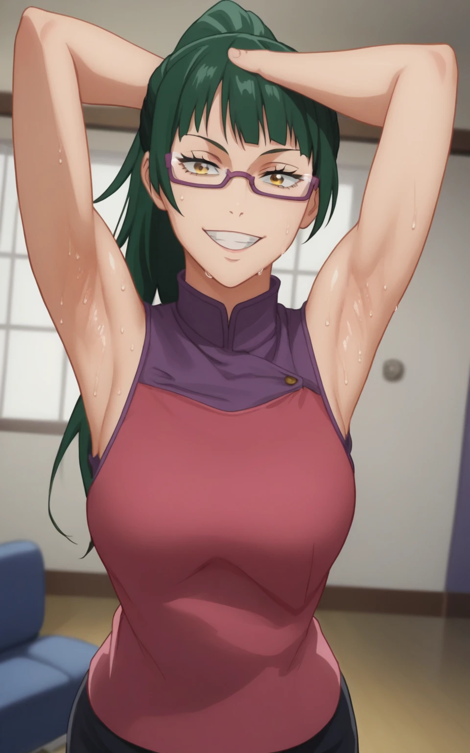 score_9, score_8_up, score_7_up, source_anime, anime screencap, 1girl, solo, long hair, ponytail, green hair, bangs, yellow eyes, glasses, sleeveless shirt, purple shirt, arms up, raised arms, armpits, from above, looking at viewer, head towards viewer, smile, closed mouth, badhandv4, indoors, sweaty armpits