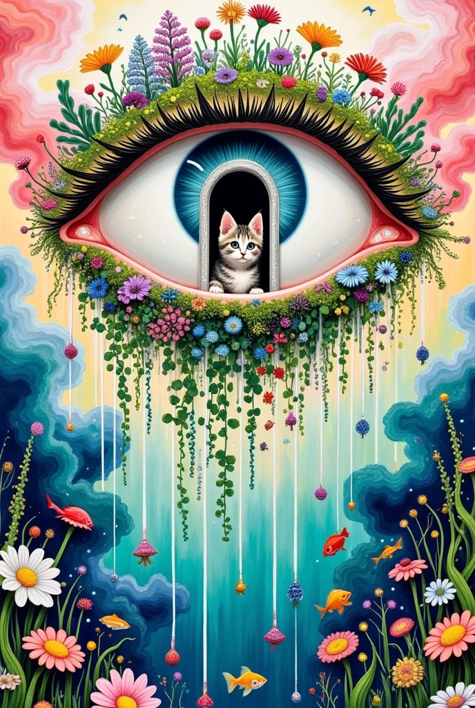   A surreal abstract painting ，One Eye，There is a door in the eye ,   a kitten living inside the door ,  Plants and flowers on lashes，  Pearl tears flowing down  ,  Tears waterfall  , fish,  fantastic illustration , Layered clouds 