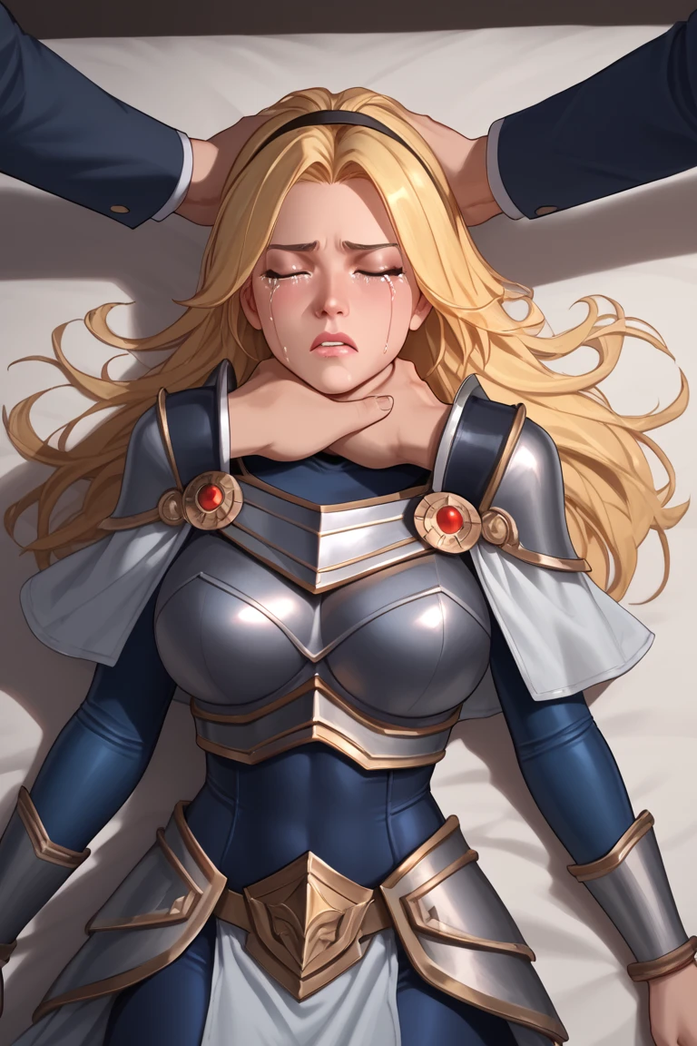 score_9, score_8_up, score_7_up, score_6_up, score_5_up, score_4_up, LuxLoLXL, blue eyes, blonde hair, long hair, black hairband, medium breasts, collarbone, shoulder armor, armor, blue bodysuit, breastplate, long sleeves, faulds, skirt, blue pants, armored boots, ((((big breasts)))), alone full body, knee high boots ,eyes closed, fainted, blows in the face,(((bruises))), ((((hands tied)))), lying down,(((tears))), (((crying))), looking to the side, head to the side,hands on head,(((Choking))),marks on the face