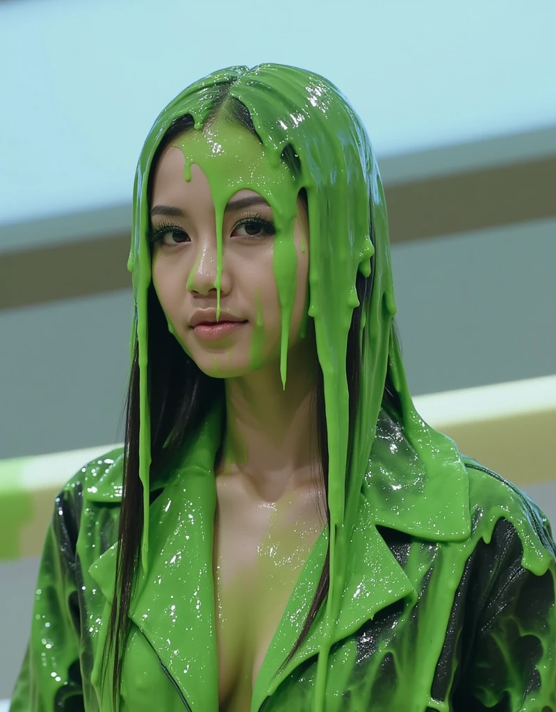 Cinematic photograph of Japanese woman covered in green slime. hyper-realistic style. Long fake eyelashes. Dripping green goo. 8k. Photorealistic. Glistening liquid. Green slime. Raw photo. Japanese Instagram influencer. Japanese model. (Japanese girl: 1.1). black eyeshadow. Horizon. F/1.4 aperture. 35mm. Full unbuttoned jacket revealing cleavage.