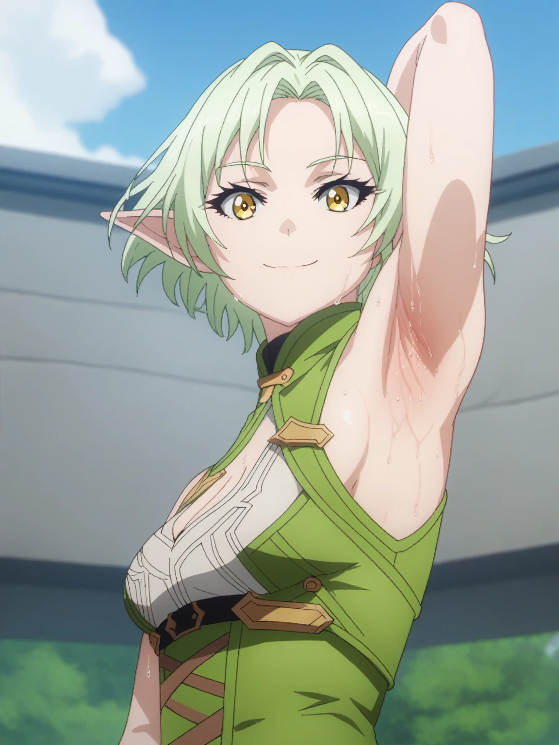 score_9, score_8_up, score_7_up, source_anime, anime screencap, 1girl, solo, celestine, short hair, green hair, yellow eyes , elf ears, small breasts, green outfit, cleavage, arm behind head, armpit, armpit focus, from side, (from below:1.1), looking at viewer, head towards viewer, smile, closed mouth, badhandv4, outdoors, day, sweaty armpits