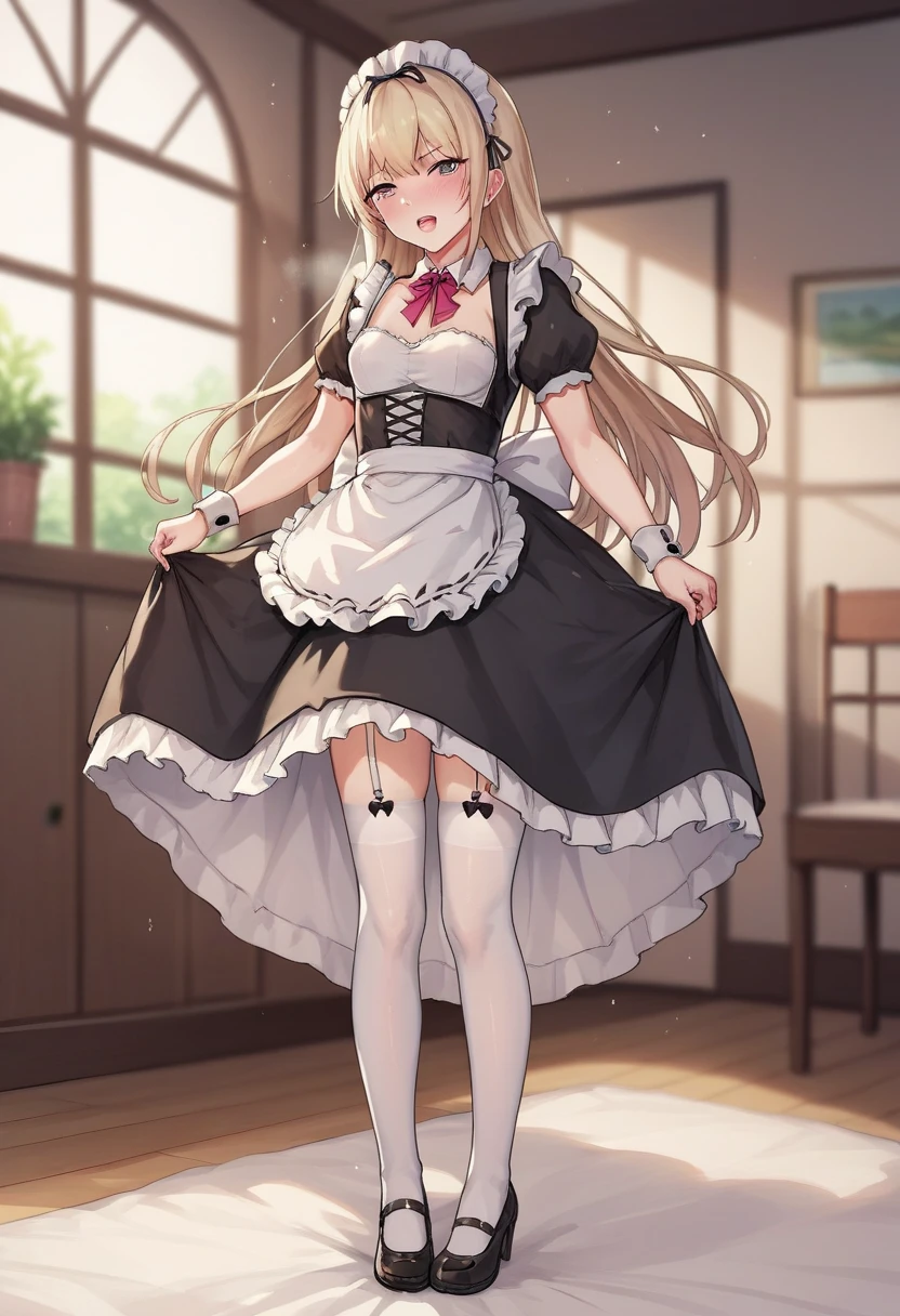 score_9, score_8_up, score_7_up, score_6_up, score_5_up, score_4_up,evaluation_explicit,source_anime, 
BREAK 
Full body image 
BREAK 
Only girls
BREAK 
Long skirt maid outfit,Small breasts、Height:120cm , body type
BREAK
Long skirt maid outfit,Garter belt
BREAK
Maid Being Violated、 body type
BREAK
羞恥心、頬が赤い 
BREAK 
Lifting her skirt to reveal her lower body
