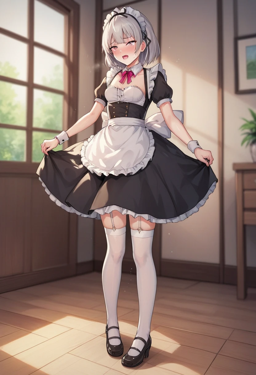 score_9, score_8_up, score_7_up, score_6_up, score_5_up, score_4_up,evaluation_explicit,source_anime, 
BREAK 
Full body image 
BREAK 
Only girls
BREAK 
Long skirt maid outfit,Small breasts、Height:120cm , body type
BREAK
Long skirt maid outfit,Garter belt
BREAK
Maid Being Violated、 body type
BREAK
羞恥心、頬が赤い 
BREAK 
Lifting her skirt to reveal her lower body
