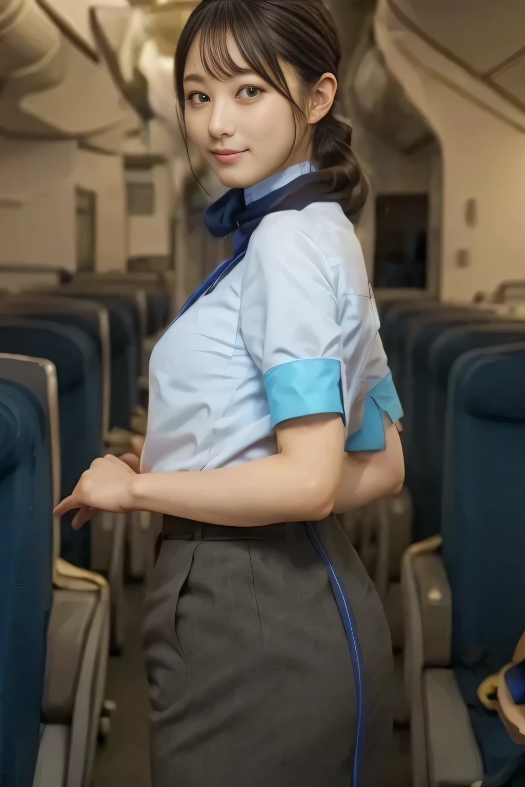 (masterpiece:1.2,  best quality:1.2), 32kHDR,  high definition, (Alone、  1 girl)、（ Rooftop of a building during the day 、 Professional Writing ）、 With the roof of a building in the background 、（ANA cabincrew uniform blueを着たリアルスタイル）、（（ANA cabincrew uniform blue blue short sleeve blouse 、ANA cabincrew uniform blue BLUE SKIRT WITH A BLUE LINE IN THE BACK、 Scarf around the neck ））、  lots of dark brown hair 、（Long Hair、Hair tied up、Hair tied up, Braid Summary Hair ）、  lots of dark brown hair 、Long Hit、Big Breasts、Thin legs、（（ amazing hands：2.0）），（（  Harmonious body proportions against the background of a building roof ：1.5）），（（Normal limbs：2.0）），（（Usually ：2.0）），（（  Delicate Eyes ：2.0）），（（Normal eyes：2.0））)、smile、（ANA cabincrew uniform blueを見せた美しい後ろ姿）、Hands crossed underneath 
