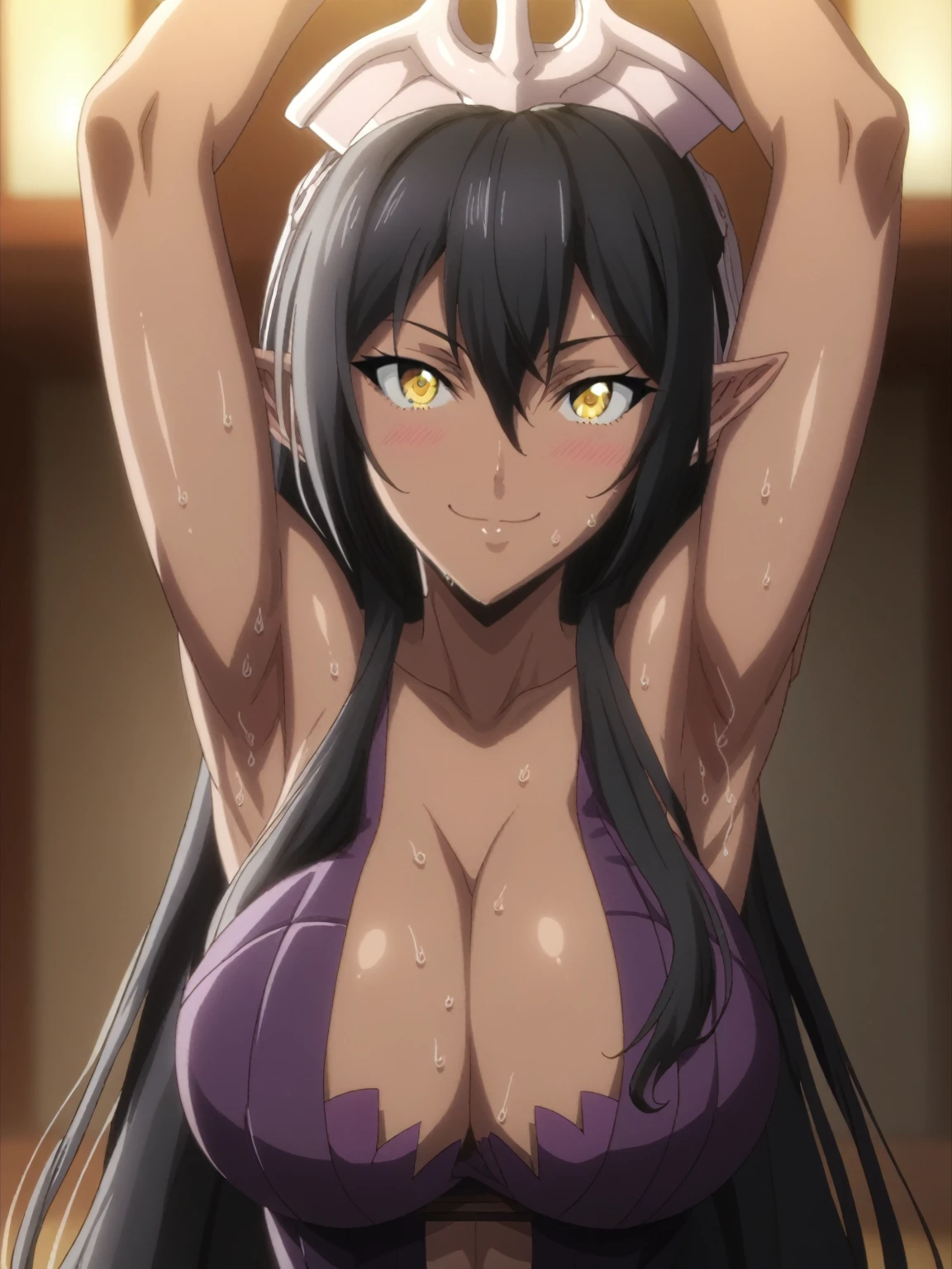 score_9, score_8_up, score_7_up, source_anime, olga discordia, long hair, black hair, yellow eyes , elf ears, tan, large breasts, purple dress, cleavage, looking at viewer, eye contact with viewer, smile, closed mouth, light blush, bare shoulders, bare arms, arms up, raised arms, arms behind head, armpits, sweaty armpits