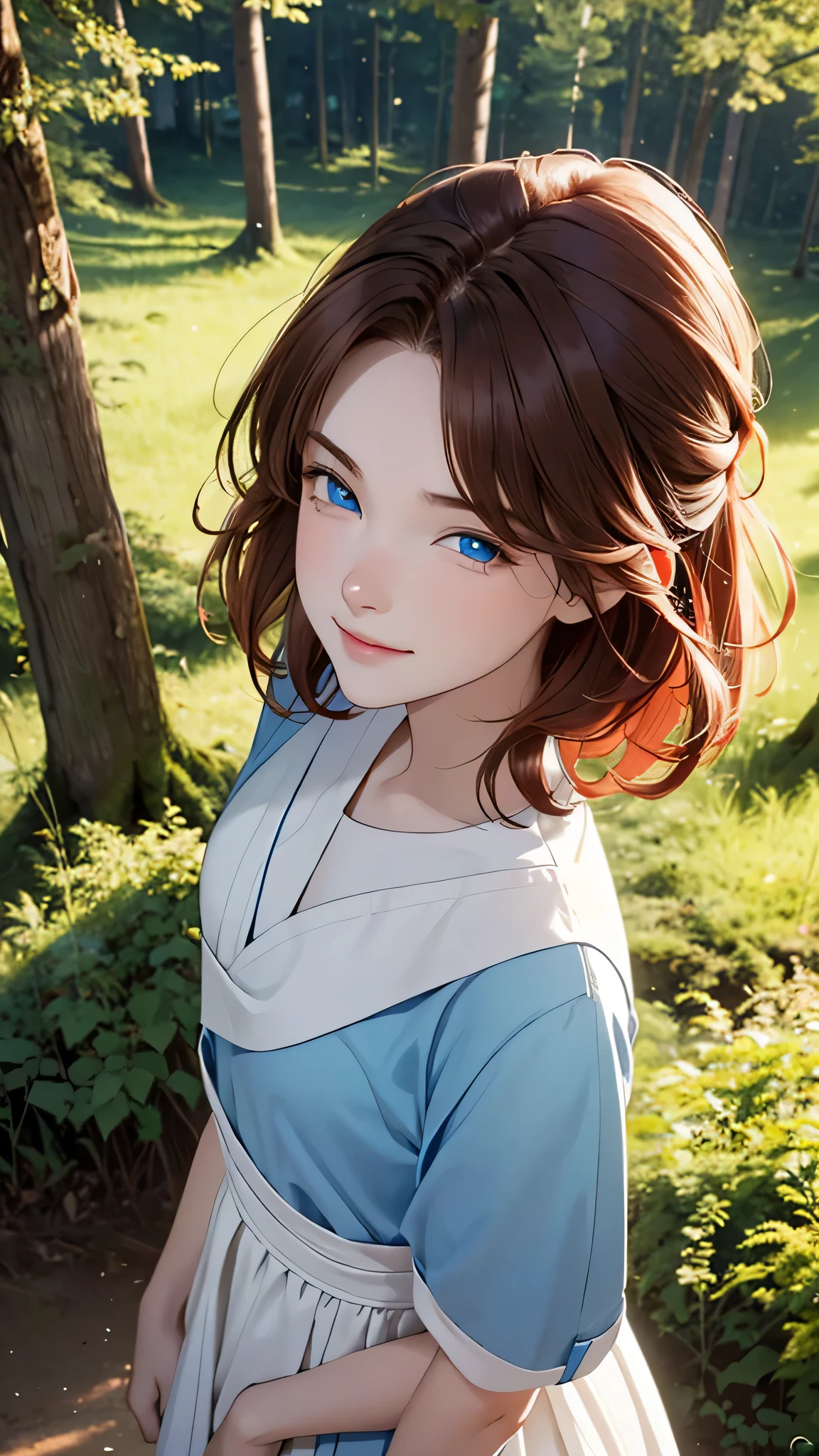 1 girl, Centauro Lillieado:1.2),Red hair, short brown hair,(cynical eyes, blue eyes), For the,to smile, embarrassing face,happy expression,forest, forest bottom ,(From above), master part , extremely detailed CG unit 8k wallpaper, Best Quality ,32K,sharp focus,