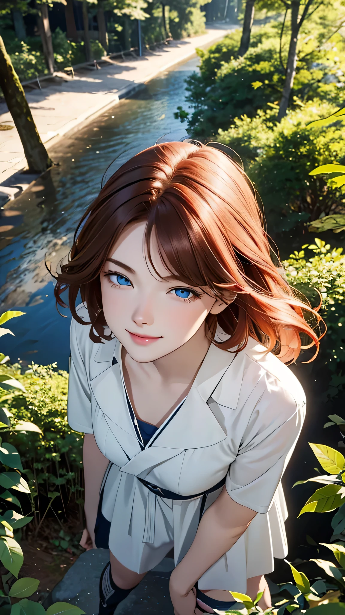 1 girl, Centauro Lillieado:1.2),Red hair, short brown hair,(cynical eyes, blue eyes), For the,to smile, embarrassing face,happy expression,forest, forest bottom ,(From above), master part , extremely detailed CG unit 8k wallpaper, Best Quality ,32K,sharp focus,