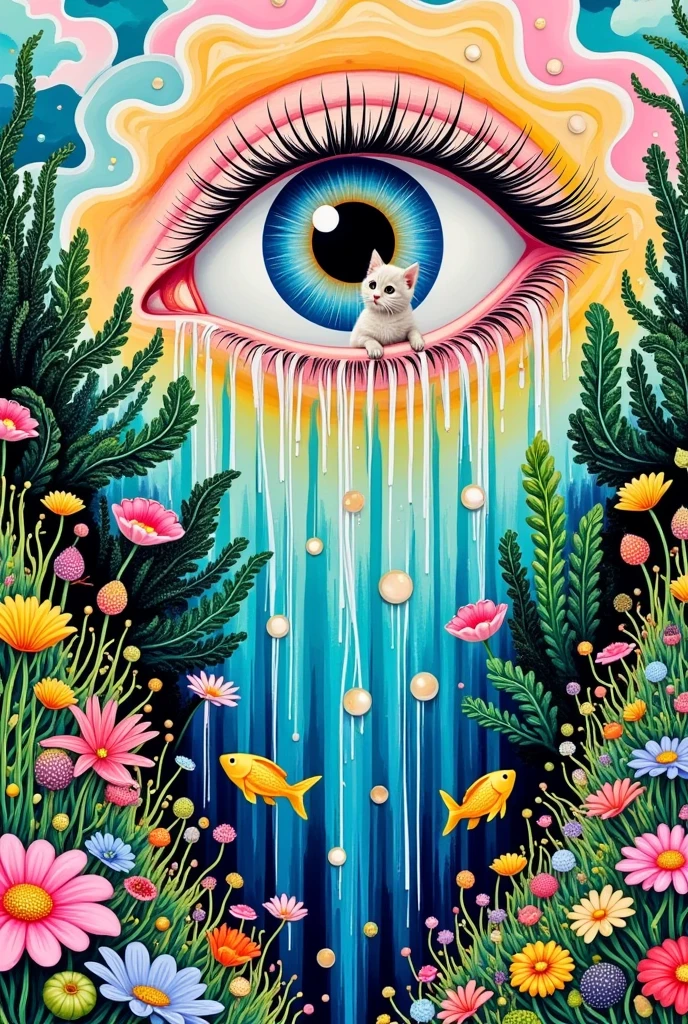   A surreal abstract painting ，One Eye，There is a door in the eye ,   a kitten living inside the door ,  The plants and flowers in the eye and the house，  Pearl tears flowing down  ,  Tears waterfall  , fish,  fantastic illustration , Layered clouds 