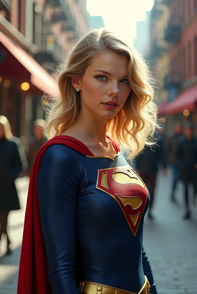 Blake Eden, 8k, best quality, real image, intricate details, ultra-detailed, ultra highres, depth field, (photorealistic, realistic: 1.2), masterpiece, photo of 1girl, sexy supergirl suit, superhero, whole body, realistic, blue eyes, blonde hair, lips, long hair, solo, ruined city background, best quality, realistic, photorealistic, (intricate details: 1.2), (delicate detailed), (cinematic light), clear line, sharp focus, realistic face, detailed and beautiful face