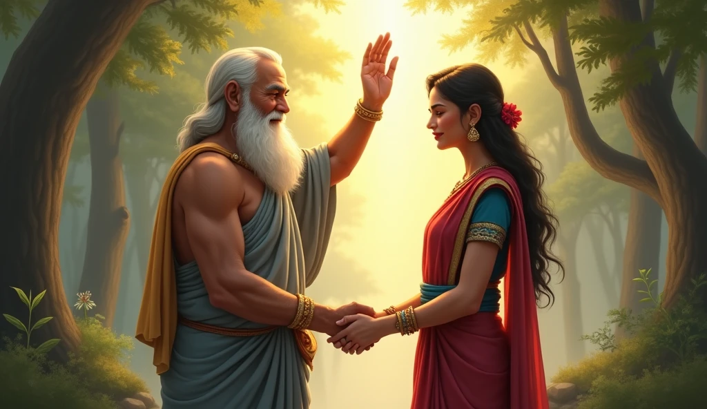 a man and a woman sitting on a grass covered field, from ramayan, beautiful depiction, very beautiful photo, by Bapu, 2025, 2045, the most beautiful scene, 8k)), by Wayne England, inspired by Bapu, 2040, high quality image, fanart, hindu aesthetic, by Alexander Kucharsky