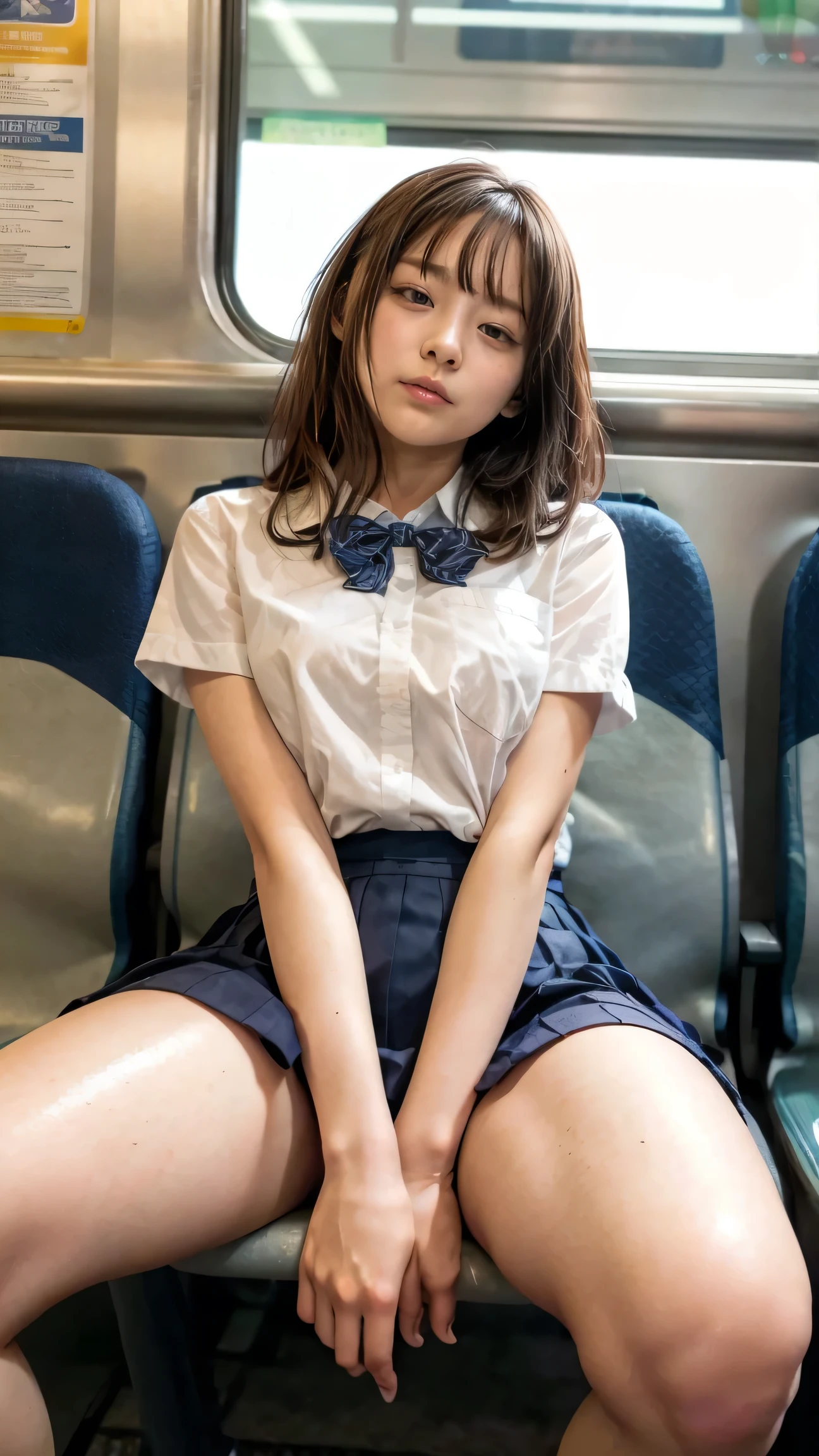 8k, RAW portrait of (japanese woman),masterpiece、Photoreal:1.3、realistic, ultra high resolution, highest quality, real life photos ,( When evening comes :1.1),(((show off vagina:1.4)))、((no panties:1.4))、((A girl sitting on a chair and looking at her smartphone on the Yamanote Line train))、
((((1 girl:1.5)))), (((High school girl lifts her skirt and shows off her panties on the train:1.4)))、(cute face:1.3)、Japanese 1 girl,((Japan High School Girl))、((1 real high school girl))、((Japan High School Uniforms:1.6))、 black hair,(Depth of written boundary:1.3)、 ((dark brown eyes:1.2))、(real skin texture:1.3)、(An immersive atmosphere:0.8、clair obscur:1.2) 、(look viewer:1.3)、((Expressionless:1.3))、((red cheeks:1.1))、((wearing very small silk panties))、((Show off your panties:1.4))、((Woman rolling up her skirt))、((Emphasis on panties))、The cutest girls in the world、((spread your legs to the side:1.4))