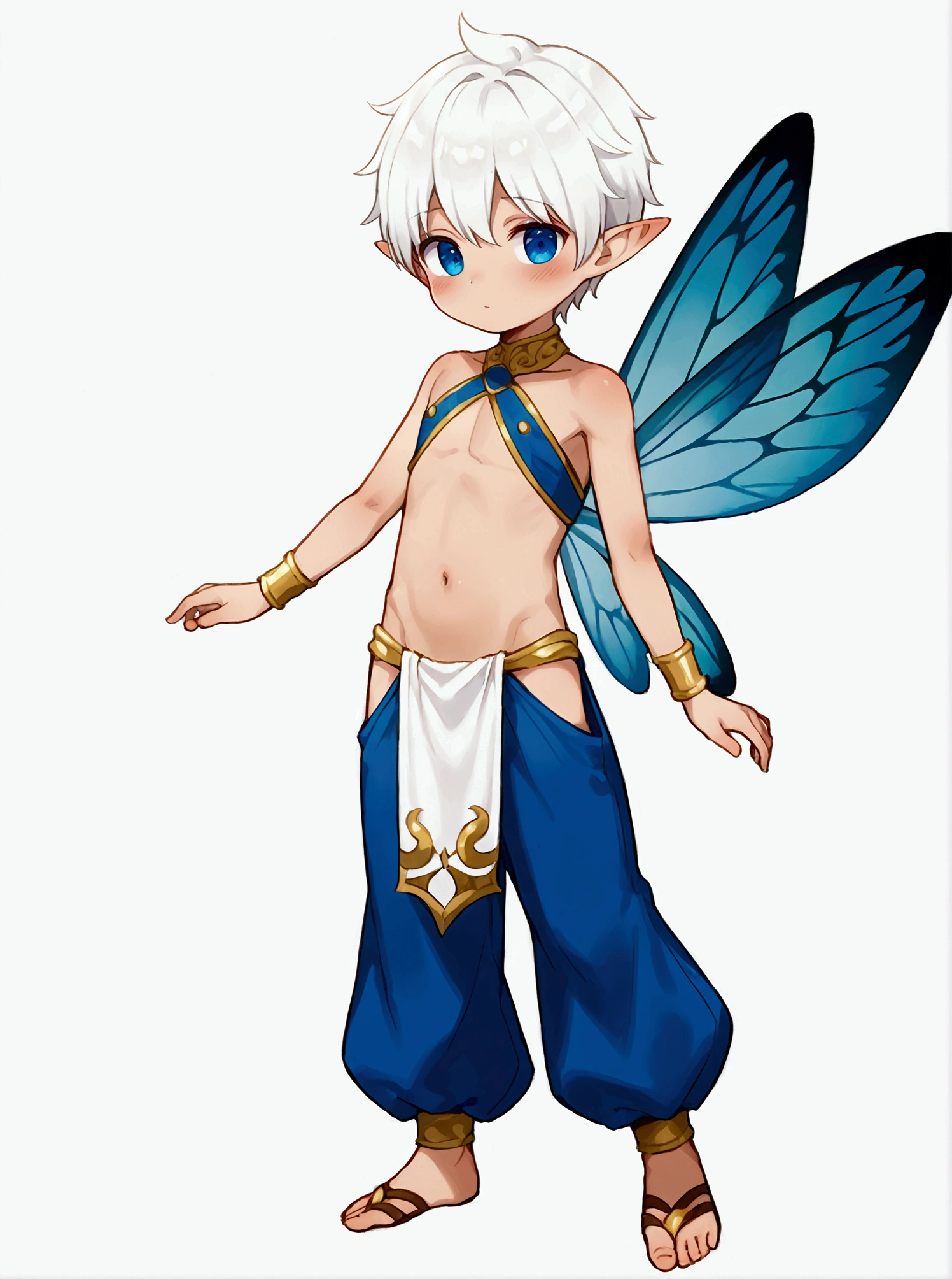 (masterpiece, best quality), (full body:1.2), (standing), (ultra quality skin:1.0), 1boy, ((solo)), (shota), (boy_shota), fairy, (fairy wings, dragonfly wings), elf ears, blush, textured skin, light skin, white hair, beautiful and detailed face, detailed eyes, blue eyes, eyes, elegant, graceful, pretty boy, soft blush, full view, (simple background, white background, empty background), slave clothes, harem pants, greek clothes, flowing cloth