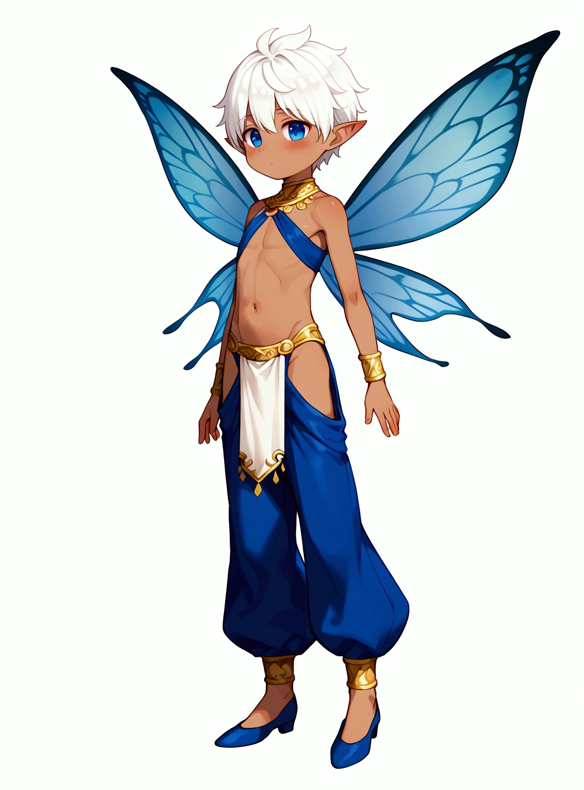 (masterpiece, best quality), (full body:1.2), (standing), (ultra quality skin:1.0), 1boy, ((solo)), (shota), (boy_shota), fairy, (fairy wings, dragonfly wings), elf ears, blush, textured skin, light skin, white hair, beautiful and detailed face, detailed eyes, blue eyes, eyes, elegant, graceful, pretty boy, soft blush, full view, (simple background, white background, empty background), slave clothes, harem pants, greek clothes, flowing cloth