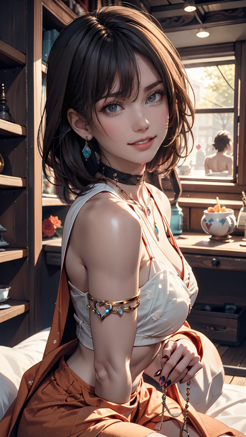 1girl 13 year old, solo, long hair, small breasts, looking at viewer, brown eyes, jewelry, necklace, off shoulder, , skinny, lips, realistic, nose, flirting with camera, cleavage
