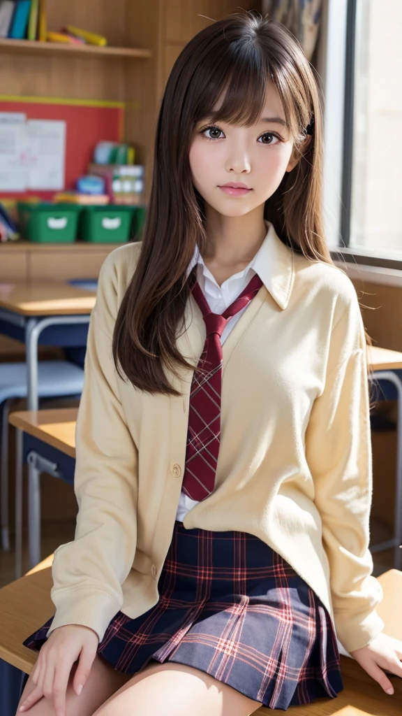 (8k, RAW photo, best quality, masterpiece:1.2), (realistic, photo-realistic:1.4), (extremely detailed 8k wallpaper), pretty Japanese woman, (school uniform studium jumper),in class room, sitting chair, spread legs, blond hair, hands in pocket