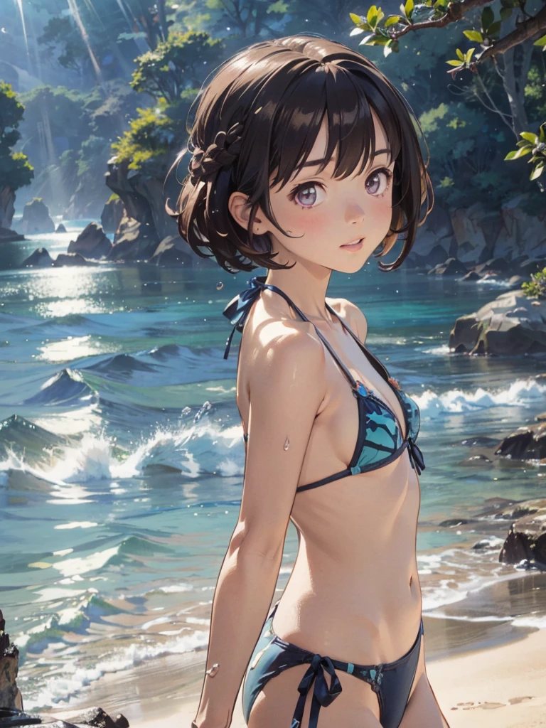 ((from side)), highres, sharp focus, pixiv masterpiece, ((intricate details)), highly detailed, upper body, 1girl, (((pixel-perfect, detail-perfect))), solo, 1girl,  ((NSFW)), ((Micro bikini - swimsuit with a small area)),(slender), ((flat chest)),  looking at viewer, smile, upper body,   ((bust up shot)), lace curtain silhouette:1.2、front facing、I can only see your face、Particles of light:0.5,(masutepiece, Best Quality:1.2), 1 girl in, Solo, Scenery, Illustration, Looking at Viewer,  Ultra-realistic 8K CG，tmasterpiece，（（Ultra detailed backgrounds，delicate patterns，intricate-detail））best qualtiy，very vey very detailed face，extremely detailed eye and face，Very detailed eyes， (hi-top fade:1.3)、Bright theme、Muted Tones、Subdued Color、highly contrast、(natural skin textures、Hyper-Realism、Soft light、sharp), ( ocean, water, splash, sunrays)), Sun'rays