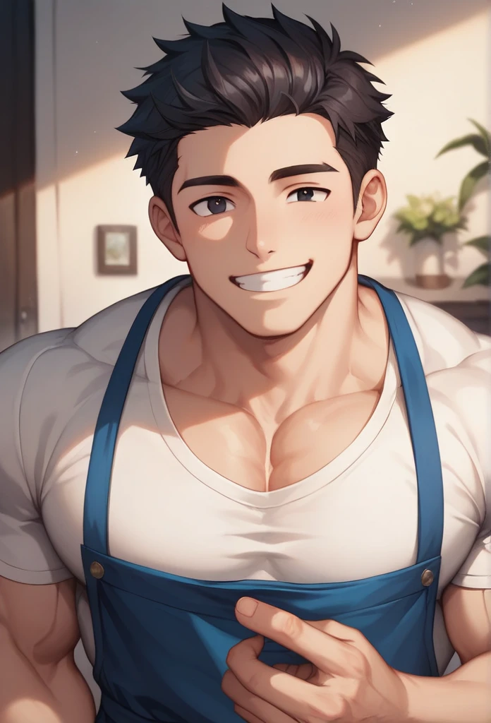 (high quality,high resolution,high detail,masterpiece:1.2), Delicate eyes and delicate face, 1 boy, 20 years old, handsome face, pure and cute face, Detailed face, (white T-shirt, Blue apron), cute, Male focus, muscular, muscular male, Chest muscles, black short hair, black eyes, detailed eyes, (happy, Smile)