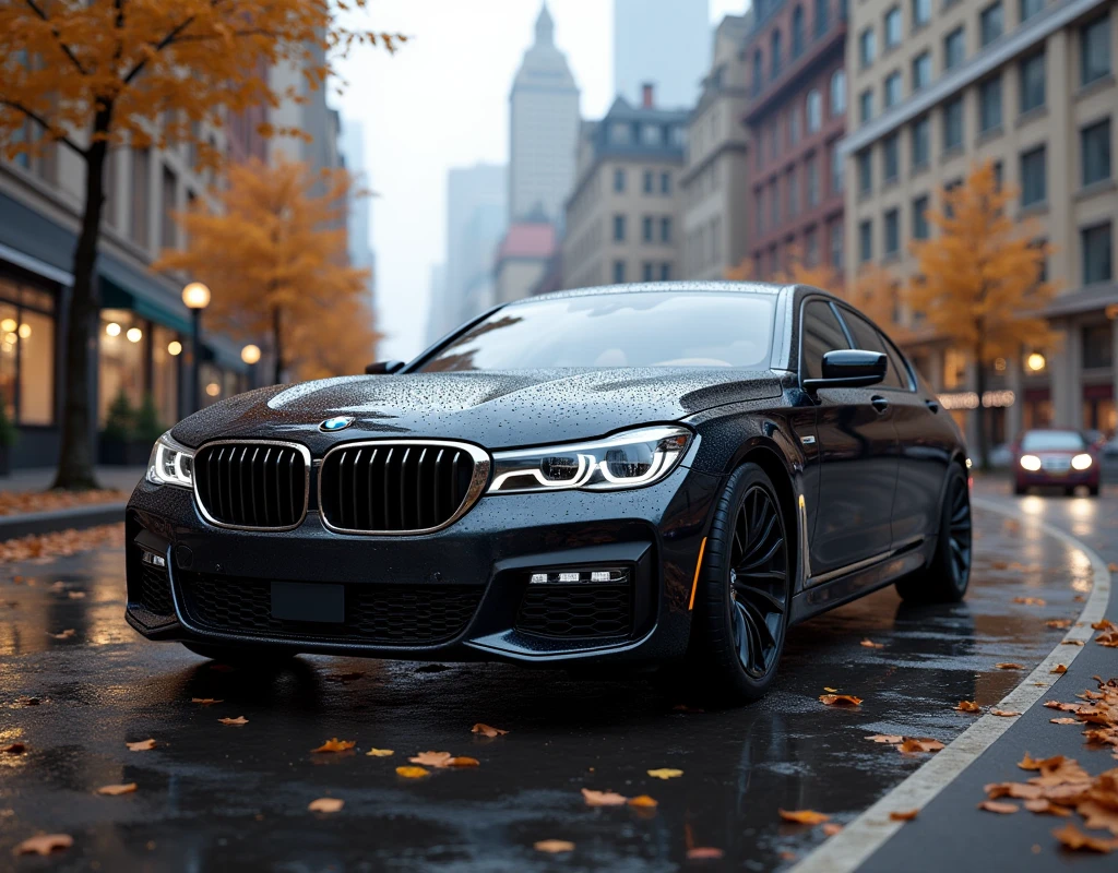 bmw750, black color, autumn, rain, city