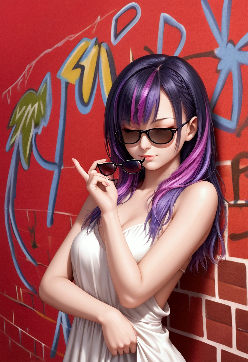 woman in a dress standing in front of simple background, up close, ((8k, wallpaper, detailed)), dark sunglasses, pop-star, closed one eye winking, pulling glasses down violet color hair, pretty hands, fringe, simple red background, palm trees, (graffiti wall:1.2), strong, courageous, album art cover