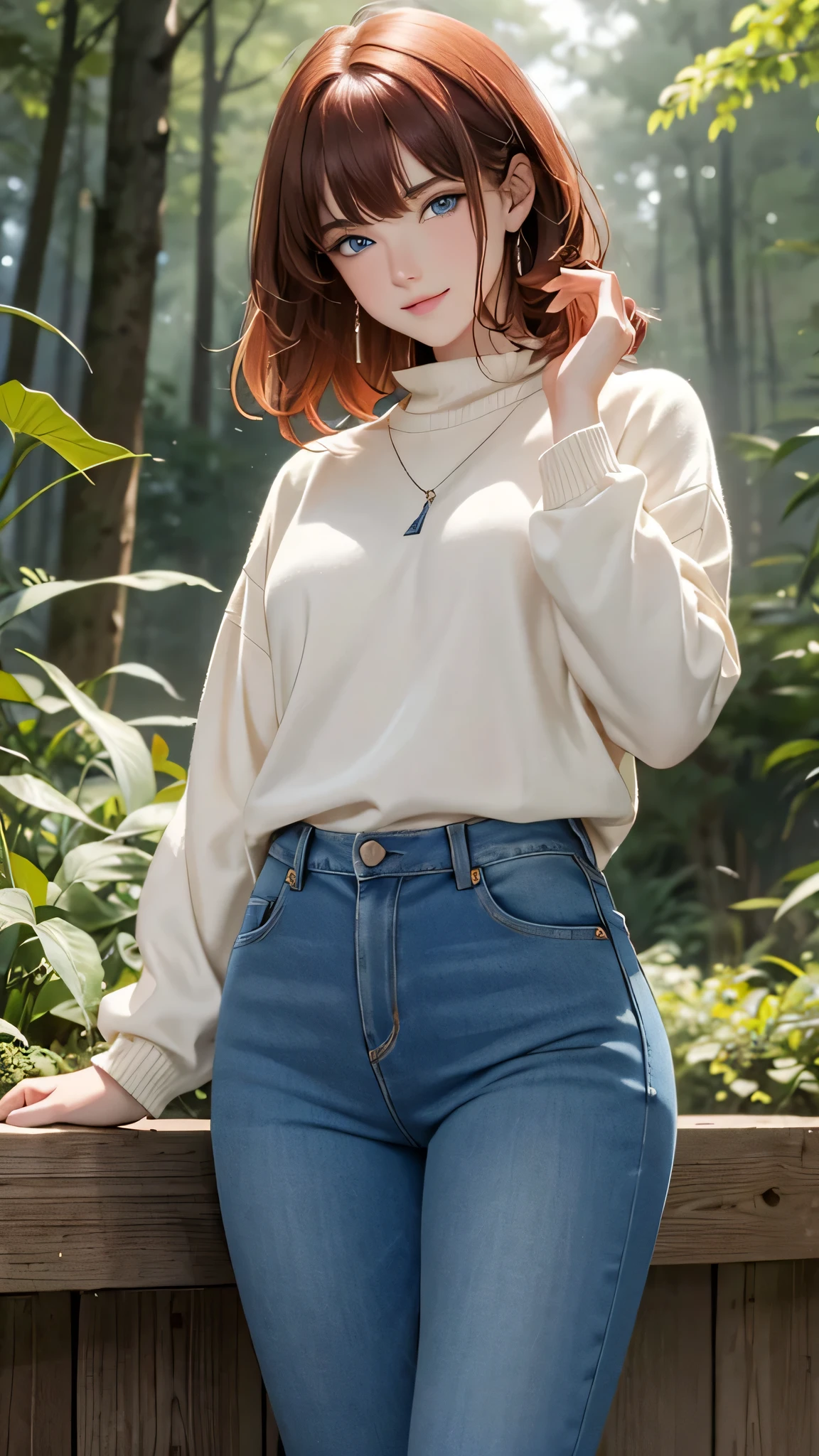 1 girl, Centauro Lillieado:1.2),Red hair, short brown hair,(cynical eyes, blue eyes), For the,to smile, (embarrassing face) ,forest, forest bottom ,Wearing sweater and jeans pants, master part , extremely detailed CG unit 8k wallpaper, Best Quality ,32K,sharp focus, look at viewers
