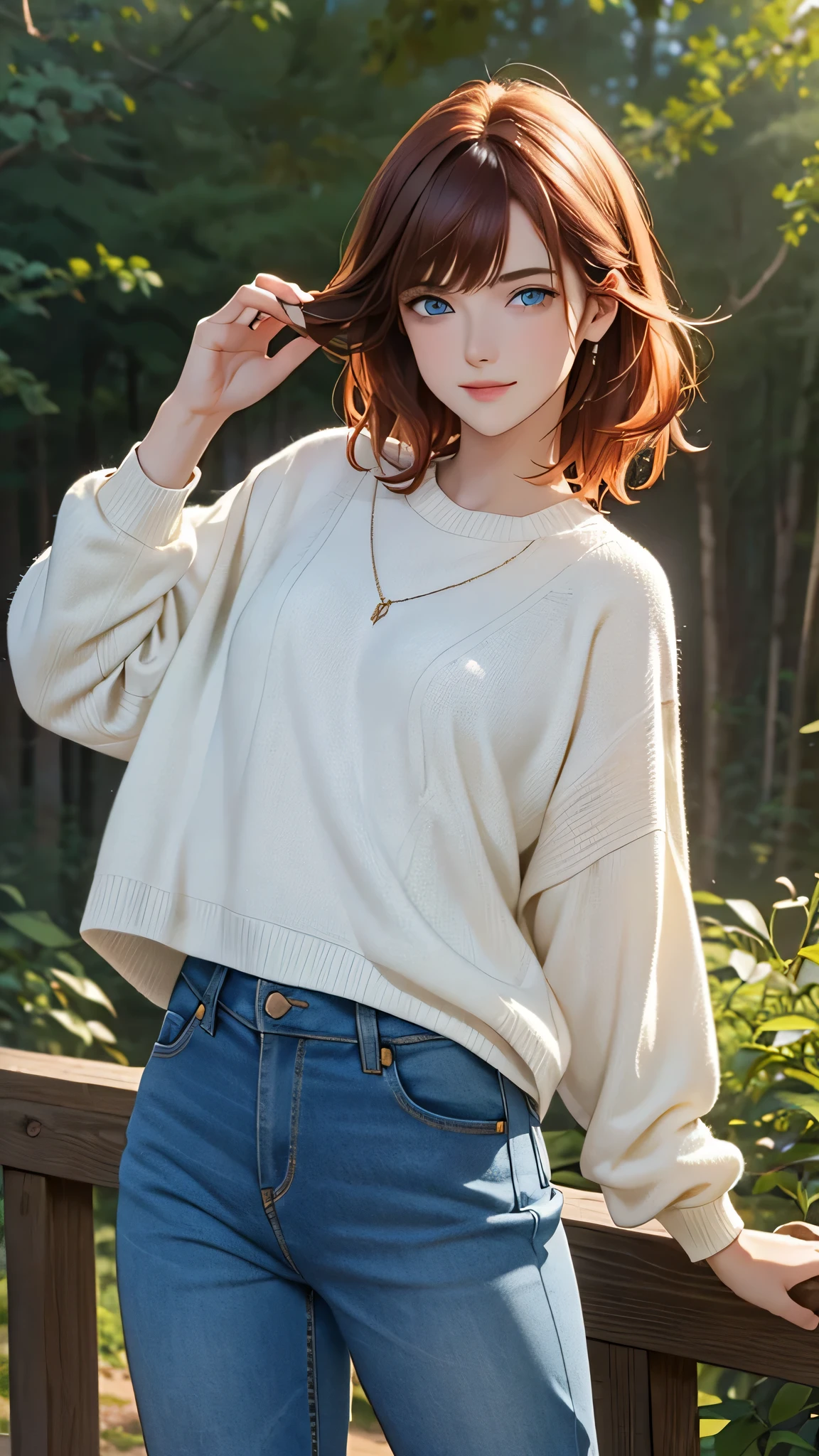 1 girl, Centauro Lillieado:1.2),Red hair, short brown hair,(cynical eyes, blue eyes), For the,to smile, (embarrassing face) ,forest, forest bottom ,Wearing sweater and jeans pants, master part , extremely detailed CG unit 8k wallpaper,  Best Quality ,32K,sharp focus, look at viewers