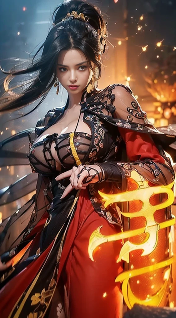 Unbeatable masterpiece, Ultra photo realism, Perfect artwork, Intricate details, Best quality, Strong warm light, 1girll , long flowing hair, medium breast, very sexy, deep cleavage, beautiful face, high detailed face, beautiful eyes, fierce look, Become a Chinese phoenix , Metamorphosis , The moment of transformation towards perfection ,Black dress, Emeralds and gold , Super detail , Bokeh photography , (soft focus):1.2 , Out-of-focus highlights ,Fantastical Atmosphere , (swirling fire magic in background)