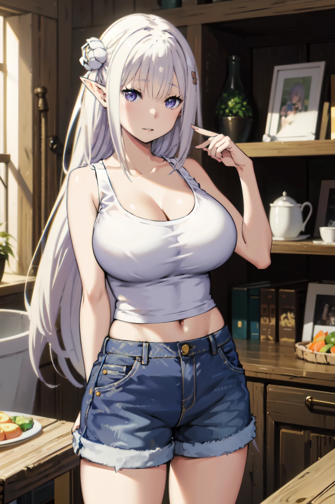 Blonde hair, big tits , ((white tank top, short pants jeans)), thick, busty, purple eyes, elf ears, flower hairclip,  hairclip, long hair, silver hair, upperbody, smile, cleavage,legs, thigh, flower garden