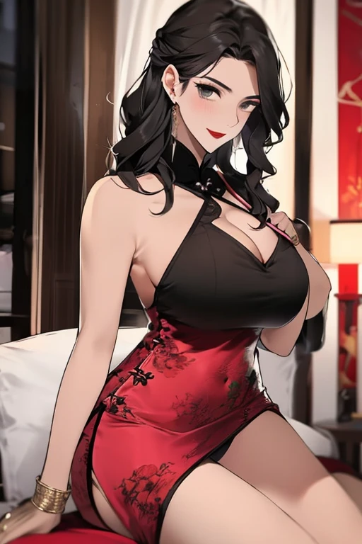 (highest quality:1.4)、High resolution、Detailed Background、(Beautiful face in every detail:1.4)、Detailed and phenomenologically correct、Realistic、Beautiful teenage girl、(Huge breasts:1.3)、Black Hair、Perfect body line、Attractive ass、attractive thick thighs、Sleeveless、Accentuate your breasts、Accentuate your cleavage、Show off your attractive armpits、room、Smiling、A style that combines sexiness and elegance、Elegant atmosphere、Panty Shot、Well-groomed eyebrows、Well-groomed eyebrows balance the entire face、cute、 A shiny, body-hugging Chinese dress、 Designs with slits and revealing chest to emphasize sexiness、 Dark colors such as red and black are effective in bringing out your sexiness.、 To enhance the sexiness of the Chinese dress, it is a good idea to wear high heels.、We especially recommend designs with straps or ribbons.、 It would be nice to add pearls or metal accessories to create an elegant atmosphere、 An updo is recommended to accentuate the design of the Chinese dress.、 Add some simple hair pins or accessories to make it even more gorgeous.、 If you have long hair, a sexy wavy hairstyle is also a good choice.、 To enhance the sexiness of a Chinese dress, it is a good idea to wear red lipstick.、 A darker red colour will give you a more sexy look.、cute