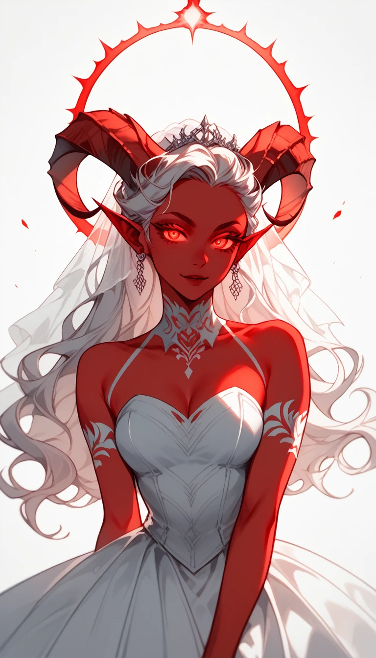 score_9, score_8_up, score_7_up, 1girl, solo, flowing hair, glowing red eyes, curved ram horns, sharp ears, red skin, demoness, stark white background, limited red palette, monochromatic, eerie atmosphere, light wedding dress, seductive,