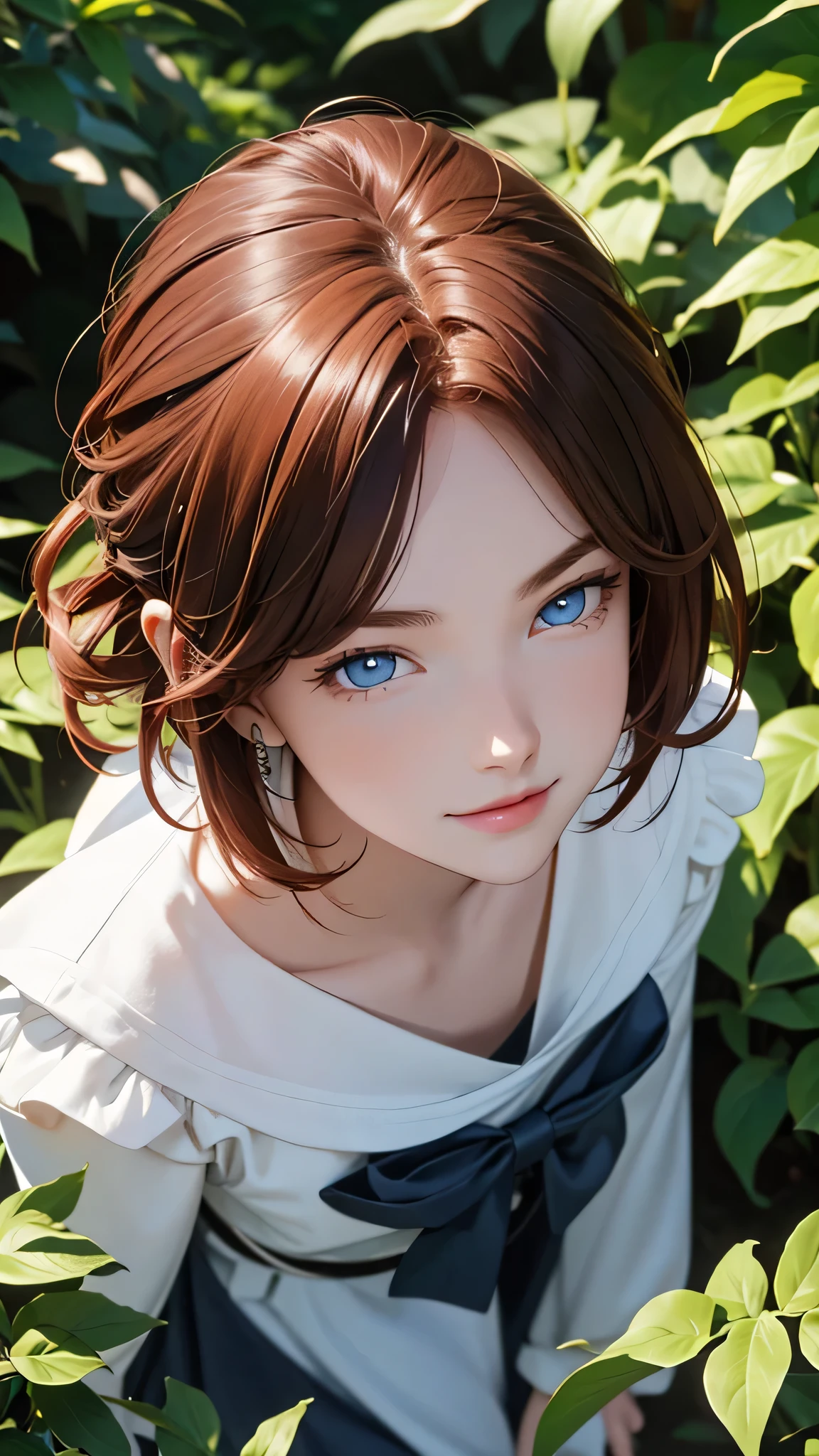 1 girl, Centauro Lillieado:1.2),Red hair, short brown hair,(cynical eyes, blue eyes), For the,to smile, embarrassing face,forest, forest bottom ,(From above), master part , extremely detailed CG unit 8k wallpaper, Best Quality ,32K,sharp focus, look at viewers