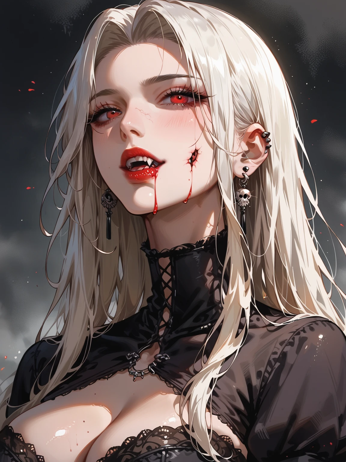 Masterpiece, score_9, score_8_up, score_7_up,source_anime, Intellectual Cool Beauty, Long hair, Straight white Hair, Lustrous Face, Compensating, piercing red Eyes, Large Piece, Black Gothic Bear Dress, Choker, fluttering hair, milf, huge breasts, Dim Basement Background, Shading Effect, Gradient Magic Effect, soft light, Fog Filter Effect, Glitter Effect Great Effects, (Super Detail, High Resolution, Best Quality), Delicate and Dynamic