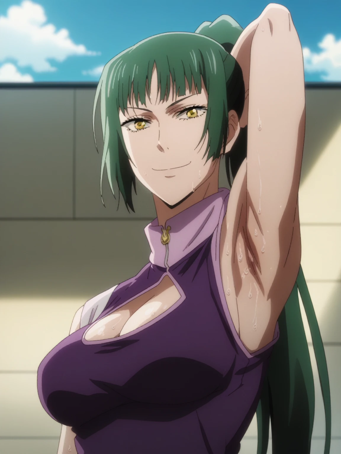 score_9, score_8_up, score_7_up, source_anime, anime screencap, 1girl, solo, celestine, maki zenin, long hair, ponytail,  green hair, yellow eyes, large breasts, purple outfit, cleavage, arm behind head, armpit, armpit focus, from side, (from below:1.1), looking at viewer, head towards viewer, smile, closed mouth, badhandv4, outdoors, day, sweaty armpits