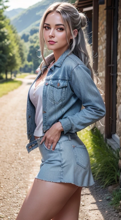 (Masutepiece,   better quality  ),   full coat ,   photorealistic ,   Beautiful woman with gray hair , Braided hair, Braided hair, ((denim jackets)),   Long fitted denim skirt  , ((  Light white open shirt  )), (  sexy underwear  ), Knit Sandals,   A necklace,   wavy hair  ,   perfect face  ,   beautiful face, tempter,  big and beautiful eyes  ,   My mouth is wide open  ,   red lips, make-up, happy,  voluptuous body , a wet body,   seductive smile  , glamorous body,   big ass, (outdoors), Rural village , Pastas,   bright colors, Taking a walk, walking, Poses to seduce,    Wide angle flat from the bottom  