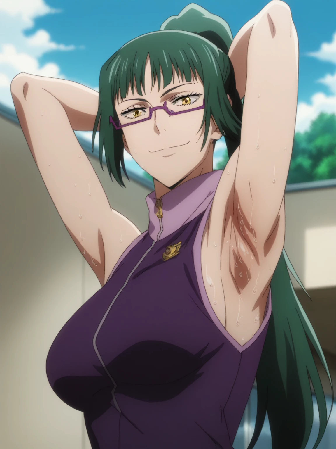 score_9, score_8_up, score_7_up, source_anime, anime screencap, 1girl, solo, celestine, maki zenin, long hair, ponytail,  green hair, yellow eyes, large breasts, purple outfit, glasses, arm behind head, armpit, armpit focus, from side, (from below:1.1), looking at viewer, head towards viewer, smile, closed mouth, badhandv4, outdoors, day, sweaty armpits