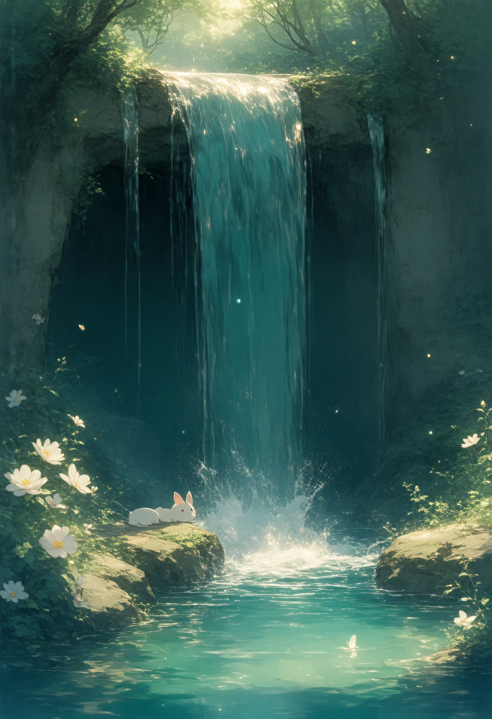 Cute dog girl with dog ears and a dog tail completely naked showering in a waterfall, small breasts, slim figure, hair wet, skin wet and glistening, nsfw, natural surroundings, misty atmosphere, soft sunlight filtering through, detailed background, 8k, UHD, masterpiece, vibrant colors, serene environment, intricate water effects, natural beauty, tranquil scene