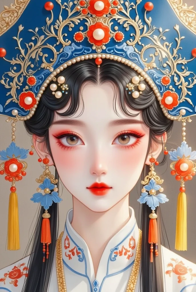 Closeup of a woman wearing a blue and red hat, A detailed painting inspired by Lan Ying,  is popular in the CG community, Fantasy Art,  a beautiful fantasy queen, (( a beautiful fantasy queen)), palace ，  girl in Hanfu, The Queen of China ,  traditional Chinese , Chinese Princess, Beautiful character painting, traditional beauty, ancient Chinese Princess, Chinese, 8K))