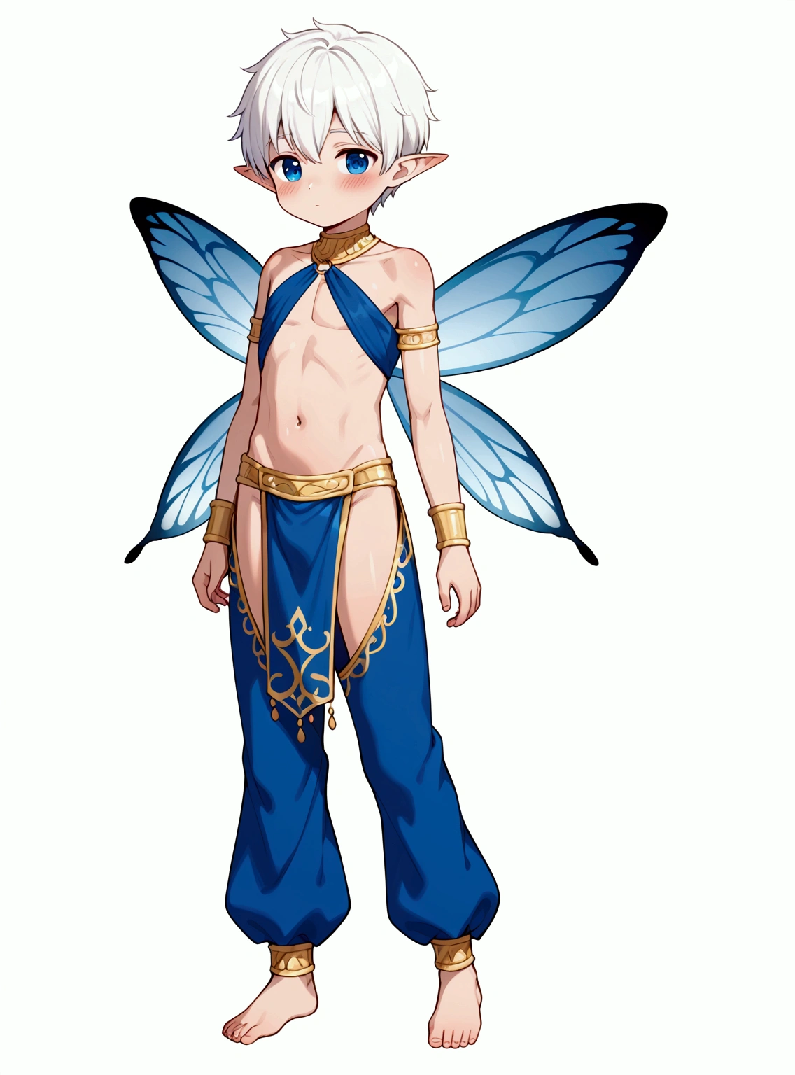 (masterpiece, best quality), (full body:1.2), (standing), (ultra quality skin:1.0), 1boy, ((solo)), (shota), (boy_shota), fairy, (fairy wings, dragonfly wings), elf ears, blush, textured skin, light skin, white hair, beautiful and detailed face, detailed eyes, blue eyes, eyes, elegant, graceful, pretty boy, soft blush, full view, (simple background, white background, empty background), slavharem pants, greek clothes, flowing cloth