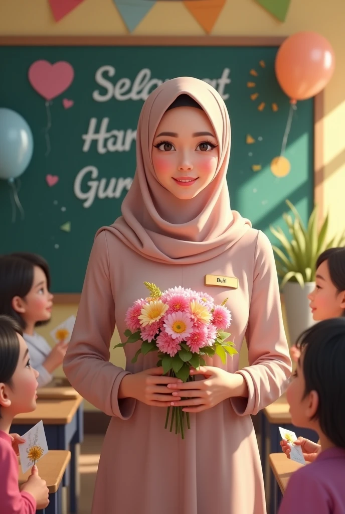 Realistic Karikatur, A women wearing hijab,  pastel brown color hijab, wearing black graduation hat, wearing pastel blue graduation hood with yellow color on the edge, wearing black graduation gown, Long graduation gown that covers the ankles, wearing black shoes, , flower garden background ,  Bicycle background with flower basket , kawaii theme designs, kawaii poses