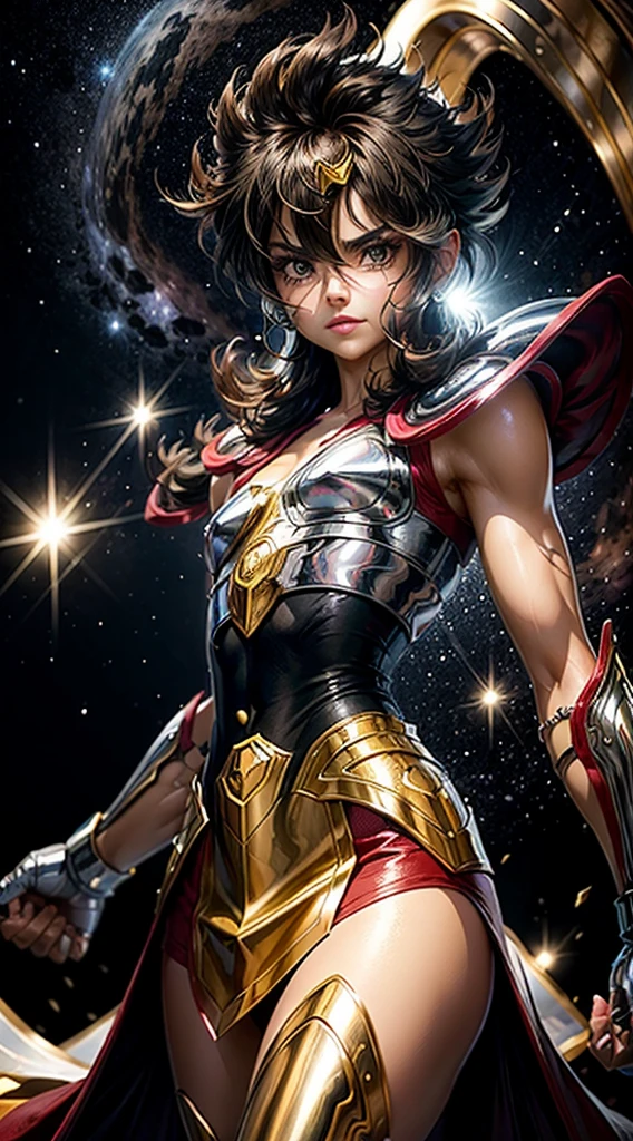 masterpiece, best quality, ultra high res, realistic skin texture, armature, (photorealistic:1.4), high resolution, raw photo, 1 girl, shiny skin, (detail skin:1.2), realistic skin texture, best lighting, wearing red pants, (big breast:1.3), sparkle, mecha armor, (short hair:1.2), (Pegasus Seiya:1.2), wearing a winged helmet, dramatic lighting, dynamic pose, (greek temple background:1.3), night sky, cosmos, milky way,