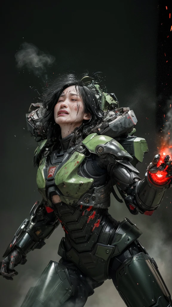 ,     Very detailed ,    Full Body Portrait    ,  High image quality , 最 High image quality ,    1080P 、   female war machine with smoke coming out of her wound but red all over　、    steam coming out of face  {x}   steam from a broken fighter comes out of my body    、Violently assaulted ((全身のSerious damage))(   seriously injured woman   ...)   Blood spurts out of the wound    )     black hair,    serious condition where you are about to die   　   Damage   　 　  Stripped Armor 　   when I hold a broken glass helmet in my hand 、 I have removed the armor on one shoulder   　   wet hair    、   open your mouth   、(      steam from the body      が上がる)Sweaty face　Serious damage、、Dripping saliva、　(   Face dressed in green and black     ) ((      steam from the body      ))    painful expression 