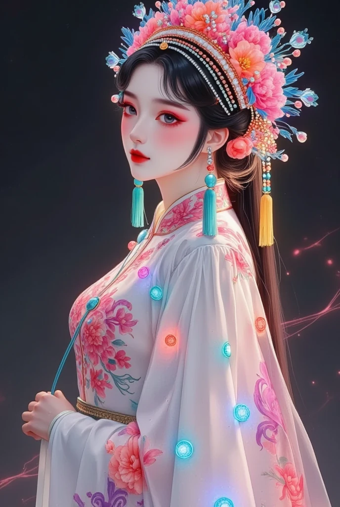 New Gongbi， Peking Opera Huadan，embroidery，Colorful Lights and Shadows，Ye Ruikun ，whole body，sideways，点翠透明发光chiffon戏服，Peking Opera girl，Dotted front surface ， Diancui Toumian ，Glass，Glowing lines， color curve ，chiffon，Transparent Clear ， bioluminescence ，X-ray ， extremely black background ，Minimalism主义，Minimalism，MinimalismMinimalismMinimalism，Backlight， High Quality ，32K