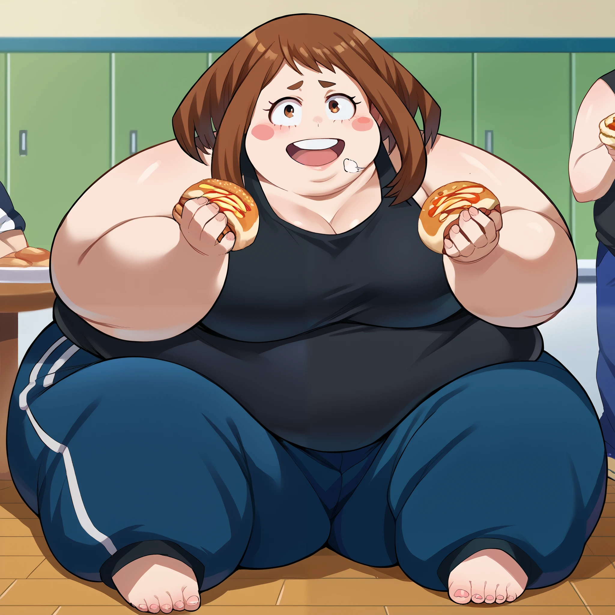 score_9, score_8_up, score_7_up, source_anime,
ochakouraraka, ochako uraraka, brown eyes, brown hair, short hair, blush, blush stickers, smile,
bare shoulders, pants, black shirt, tank top, blue pants, black tank top, track pants,
indoors,
looking at viewer,  fat, chubby, obese, gigantic arms and legs, large breasts open mouth, out of breath, full body shot, sitting on chair, eating, junk food 