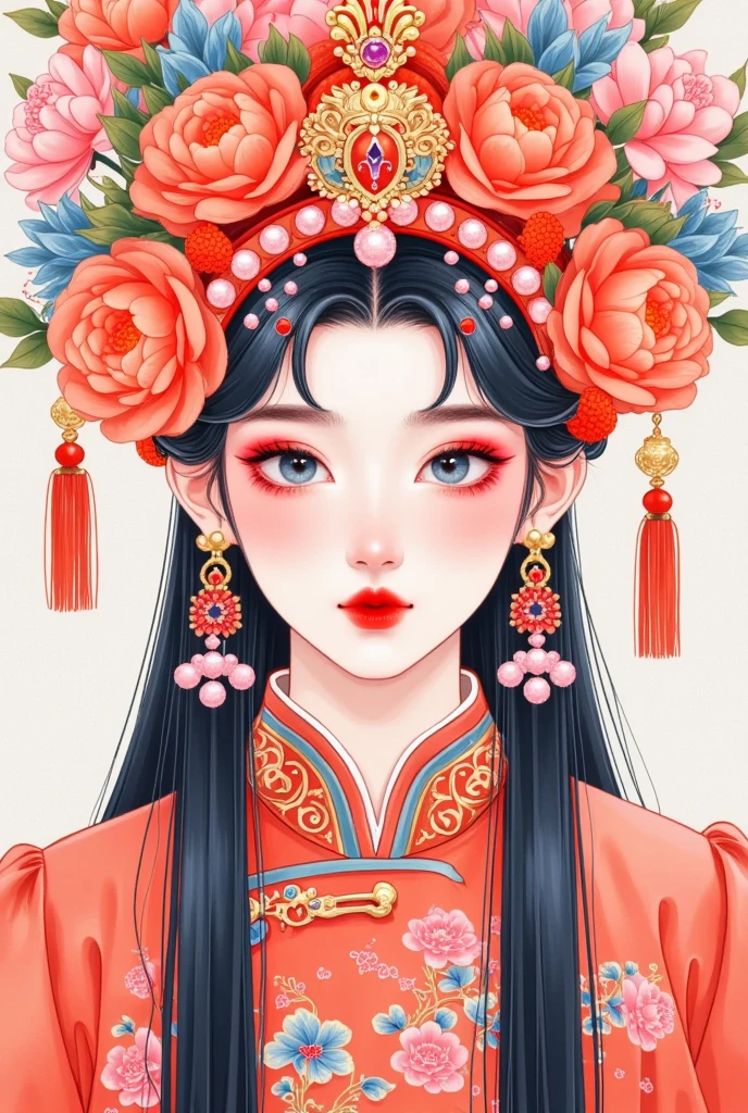 Generate a vector illustration of male Beijing Opera characters in a style reminiscent of 1930s Disney paintings. The characters should wear China Red-paint Gold hat, featuring simple lines and empty eyes. Attire includes light blue loose official clothes made of Chinese red satin, complemented by magenta eye makeup, full-body, Infuse Chinese New Year theme elements into the composition