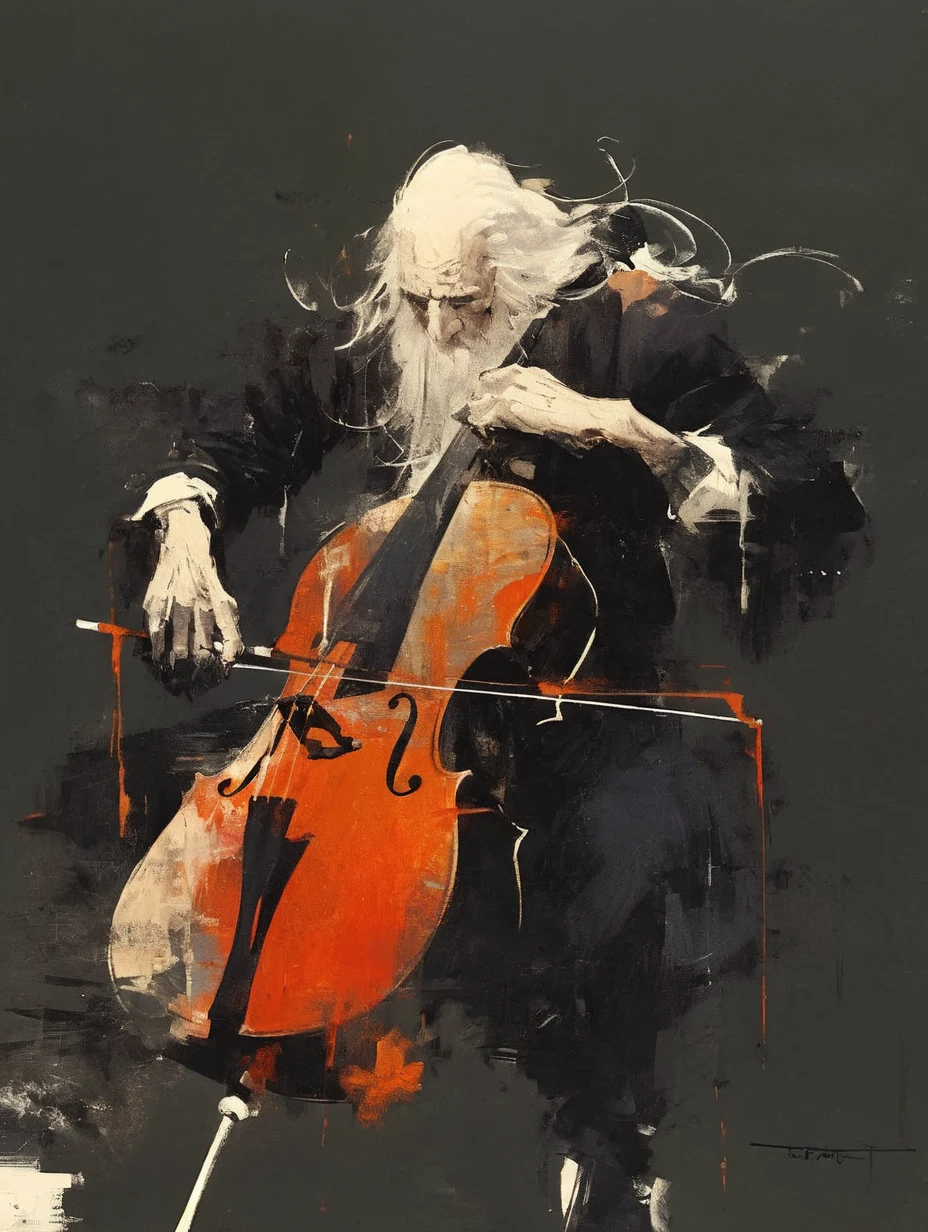 painting of a man playing a Cello with a white hair, Krenz Kushart , God of Music, author：卡尔·科宾斯基, Cello， super realistic , guweiz masterpiece, 由Ludwik Konarzewski Jr, 技艺精湛的绘画, By Slawomir Maniak, 由 Szymon Czechowicz