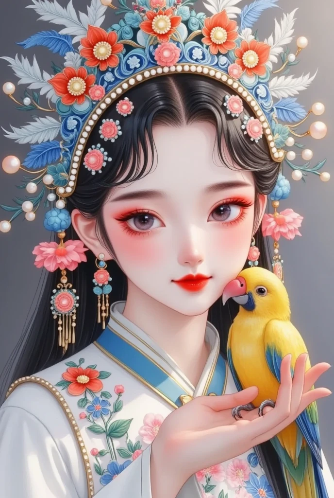  cyberpunk, Peking Opera image ， A beautiful Peking Opera Huadan ，Smile，戏服上是Stereo刺绣,fine, Glossy eyes ,头饰上的珍珠Self-illumination,Upper body portrait， A parrot standing on the palm of the hand {x}，Intricate detailing, Clear Details ,Stereo, Glow Inside ,Self-illumination,32K,