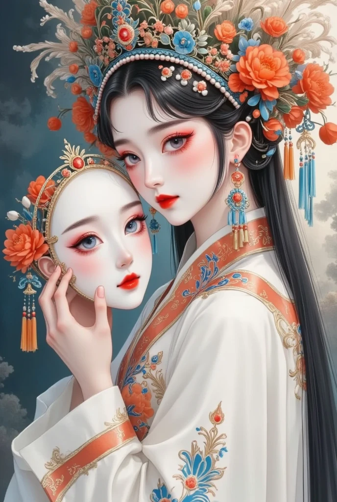 Chinese Peking opera, actress, holding a ghostly mask, profile view, Toyota's liquid Rococo fractal, James Jean, Rutkowski, fluid acrylic, elephant gradients, enrich, Octane Render, depth, Kaluta, detailed eyes, incrementally detailed, hyper-realistic tic, Wlop, Rutkowski, fractal